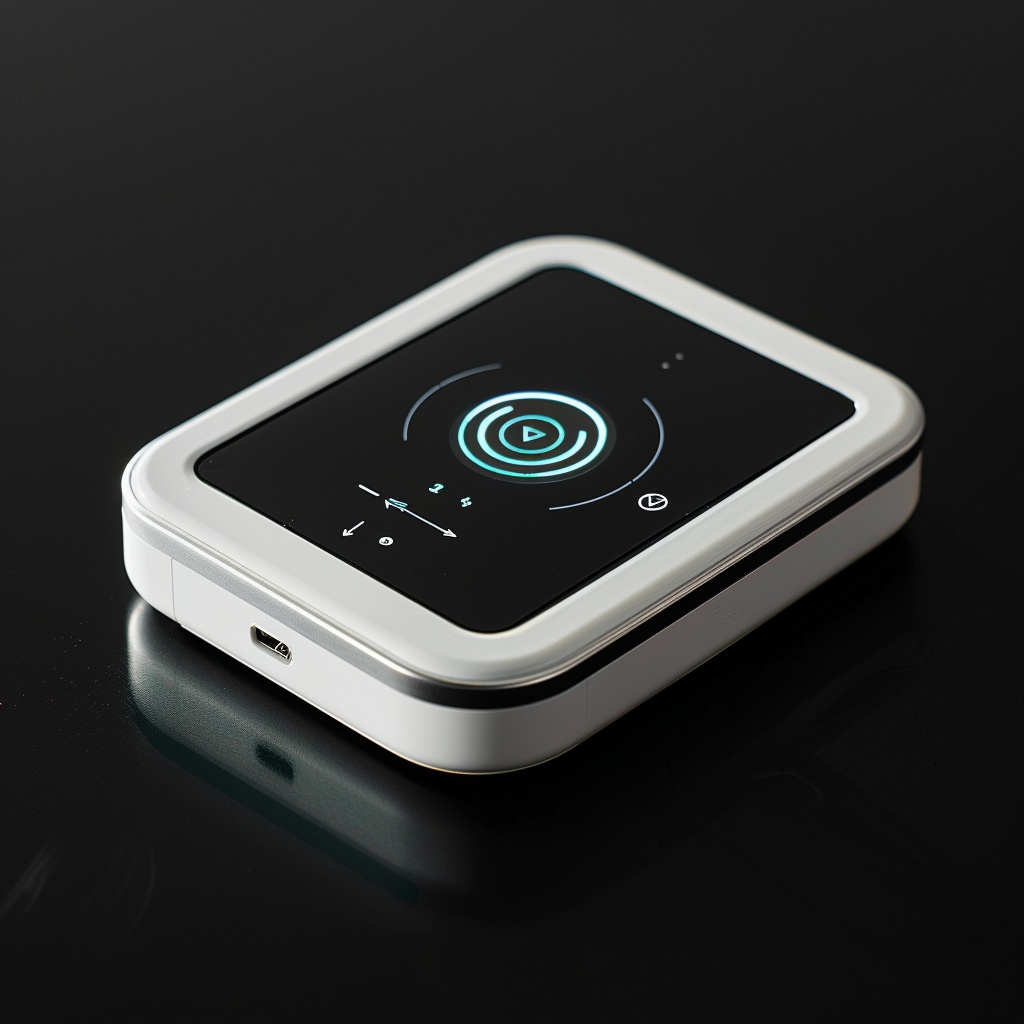 A sleek white eSIM-compatible personal hotspot device with a digital display showing strong signal strength and battery life, set against a black background