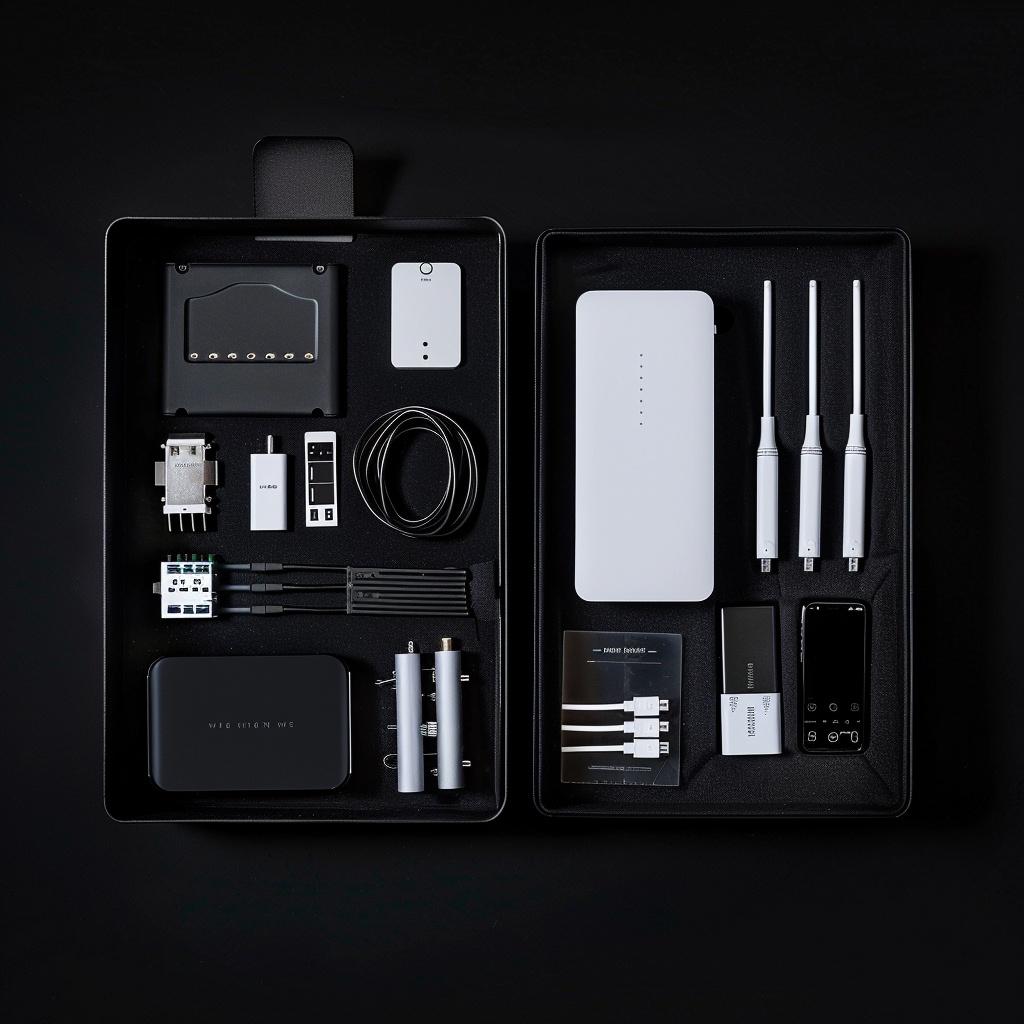 An open eSIM hotspot router box with all the components laid out, including the device, charging cable, and instruction manual, on the black background